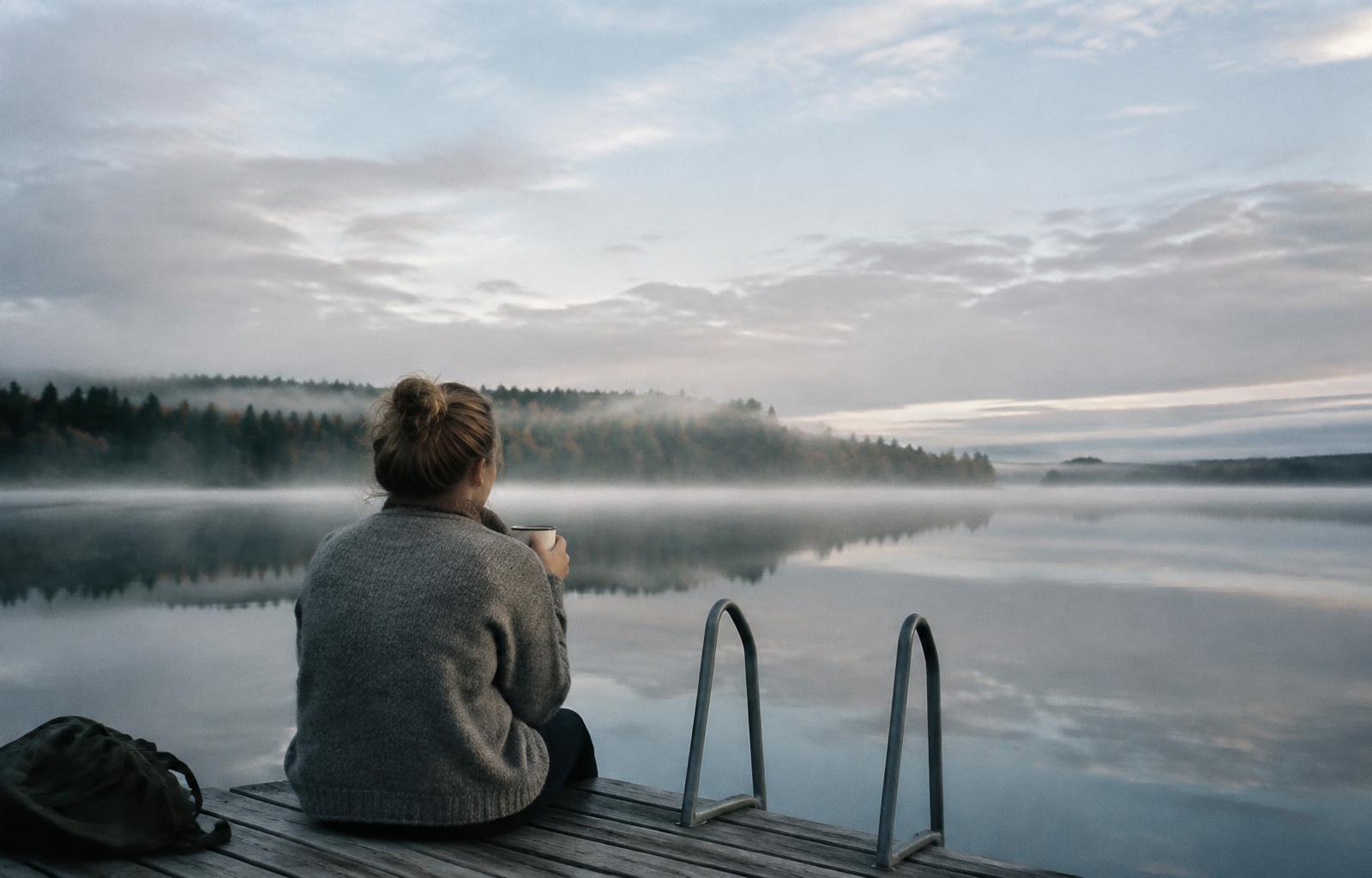 Aamukahvi avoimen ikkunan äärellä järvimaisemassa